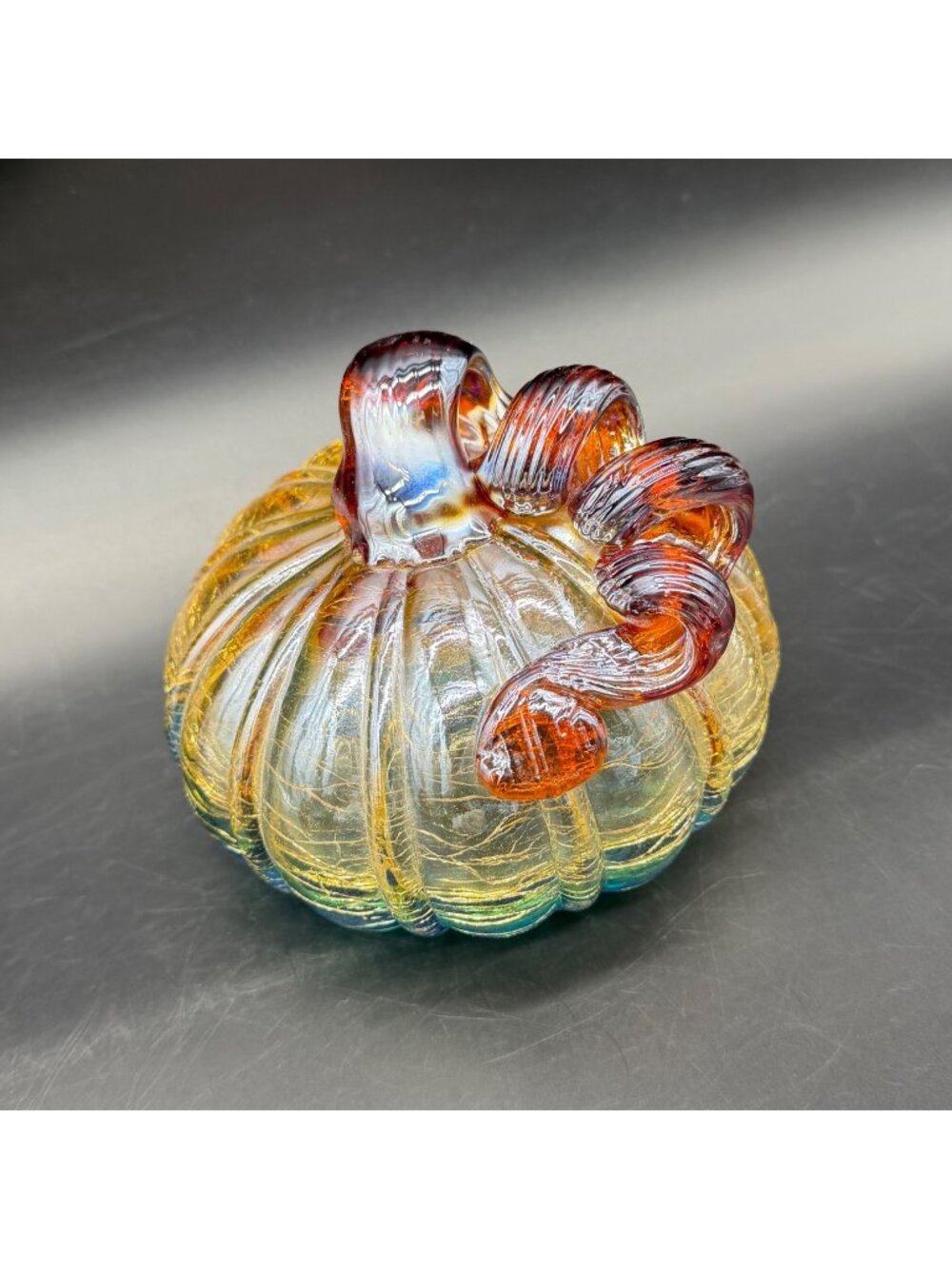 Hand Blown Crackle Glass Pumpkin Rainbow Fall Decorative Centerpiece Art